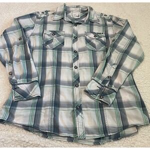 BKE Buckle Button Up Shirt Men's Large Teal Green Plaid Slim Fit Preppy